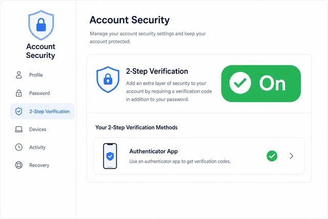 Illustration: Google Security page showing 2-Step Verification status On