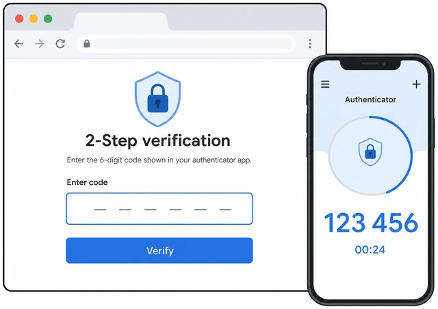 Illustration: sign-in prompt for 2-Step code with phone authenticator open beside it