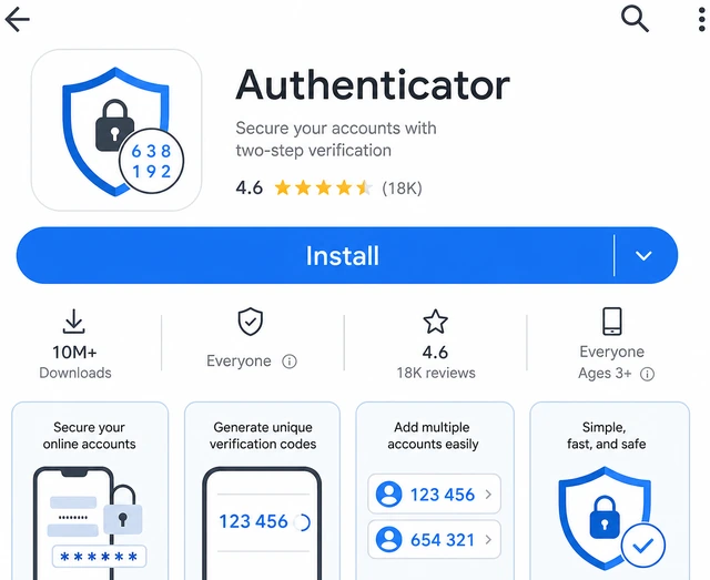 Illustration: phone App Store or Play Store page for Google Authenticator with Install highlighted