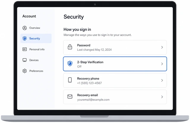 Illustration: Google Account Security page with 2-Step Verification row highlighted