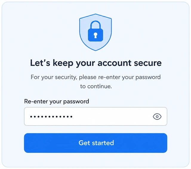 Illustration: Google Get started button and password or phone prompt challenge