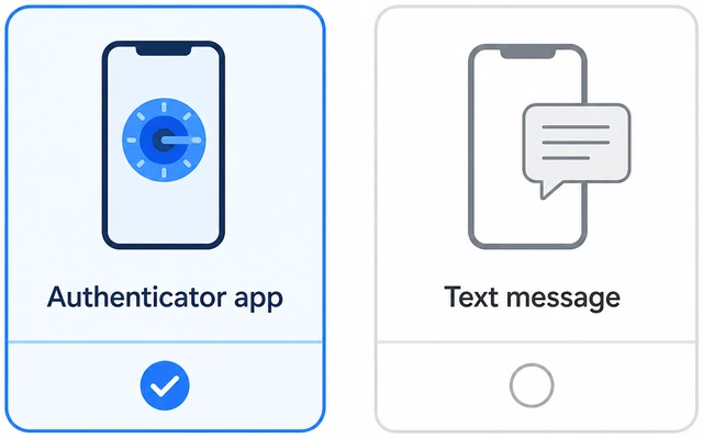 Illustration: Google second-step options with Authenticator app selected over Text message