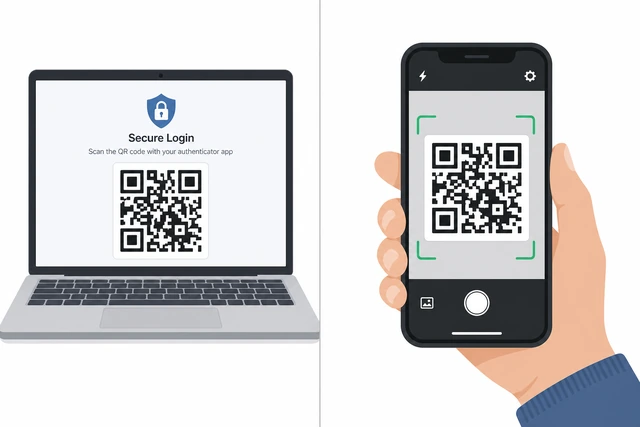 Illustration: phone camera scanning a QR code on laptop with authenticator showing new six-digit row