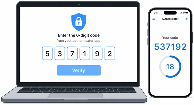 Illustration: laptop code field with six digits typed while phone shows matching authenticator code