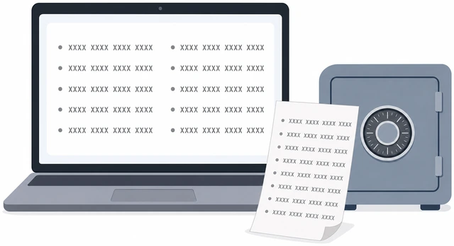 Illustration: Google backup codes list beside printed paper and password manager vault icon