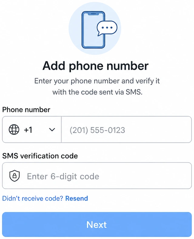 Illustration: Google add phone number screen with SMS verification field