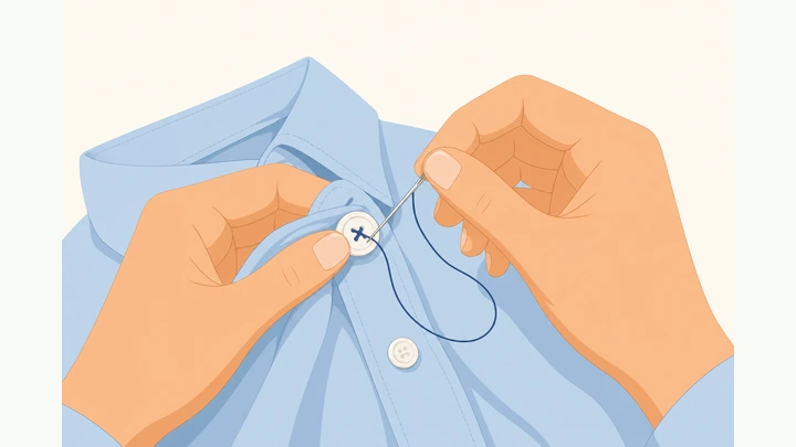 Illustration: hands sewing a button onto a shirt with needle and thread