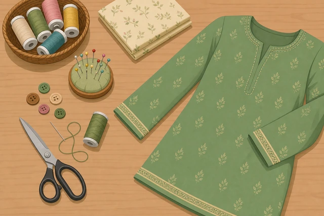 Illustration: button needle thread scissors and garment ready on a table