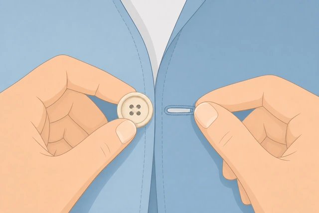 Illustration: fastening button through buttonhole to check alignment