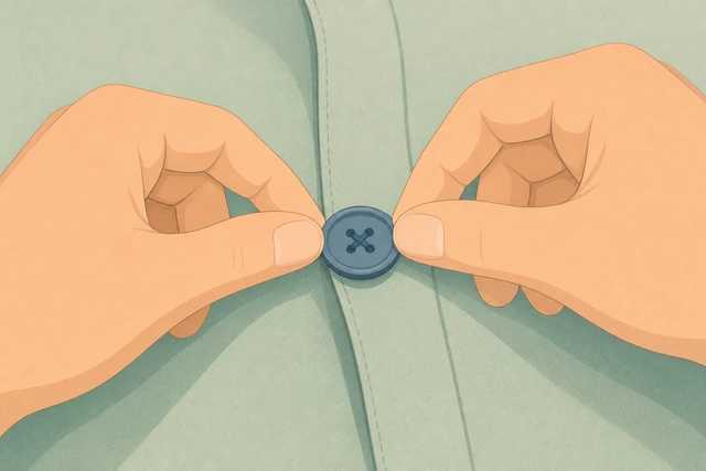 Illustration: gently tugging a newly sewn button to test strength