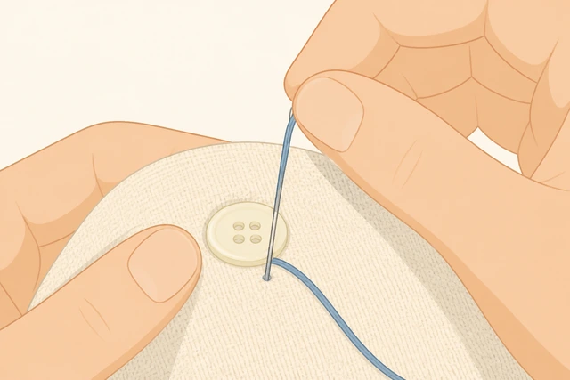 Illustration: first anchor stitch coming up through fabric for a button