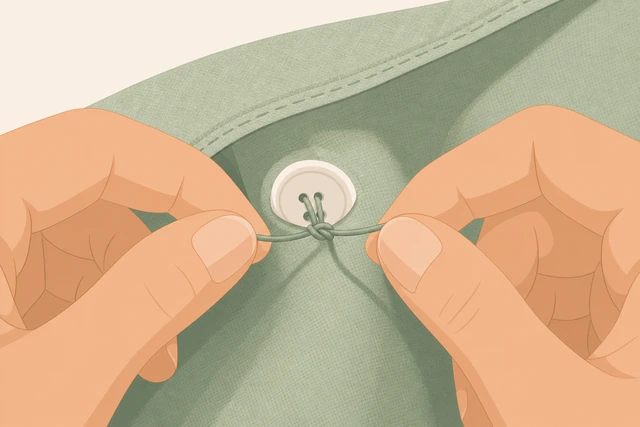 Illustration: tying a knot on the back of fabric after sewing a button