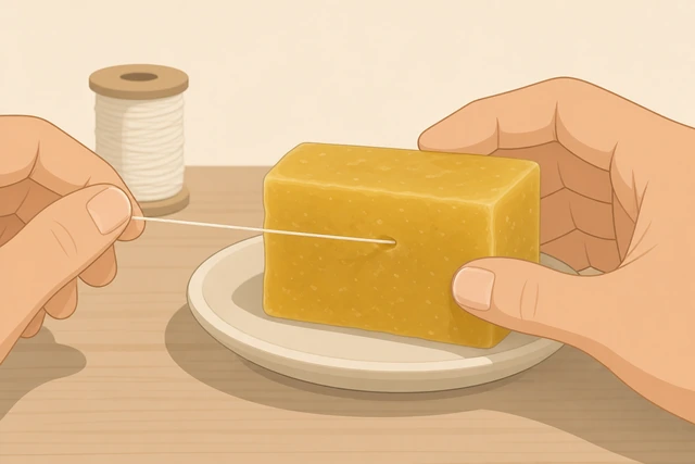 Illustration: running sewing thread through beeswax