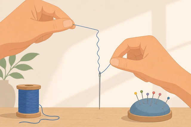 Illustration: letting needle hang to untwist sewing thread