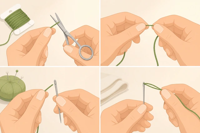 Illustration: cutting a fresh thread end and rethreading needle