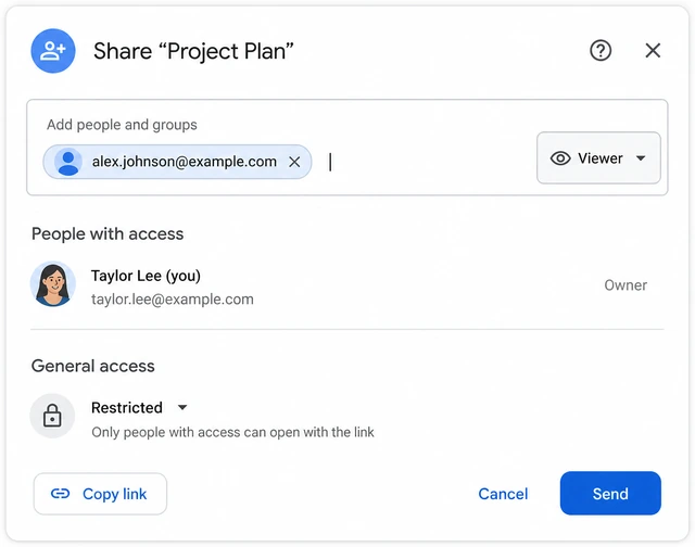 Illustration: Share dialog re-inviting corrected email with Viewer role