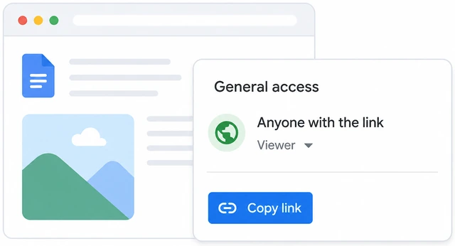 Illustration: Share dialog General access dropdown set to Anyone with the link