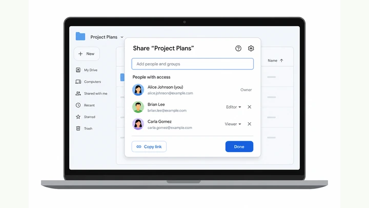 Illustration: laptop Google Drive folder with Share dialog open showing email invite and Viewer role dropdown