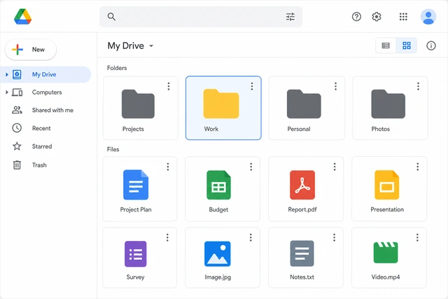 Illustration: browser at drive.google.com with My Drive folder list and target folder highlighted