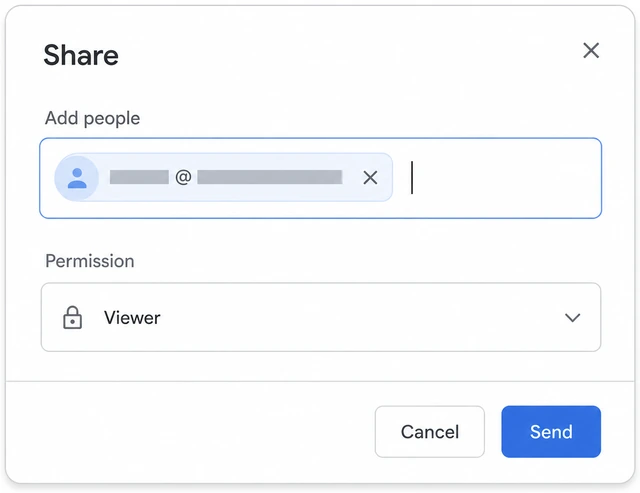 Illustration: Share dialog with email typed in Add people field forming an address chip