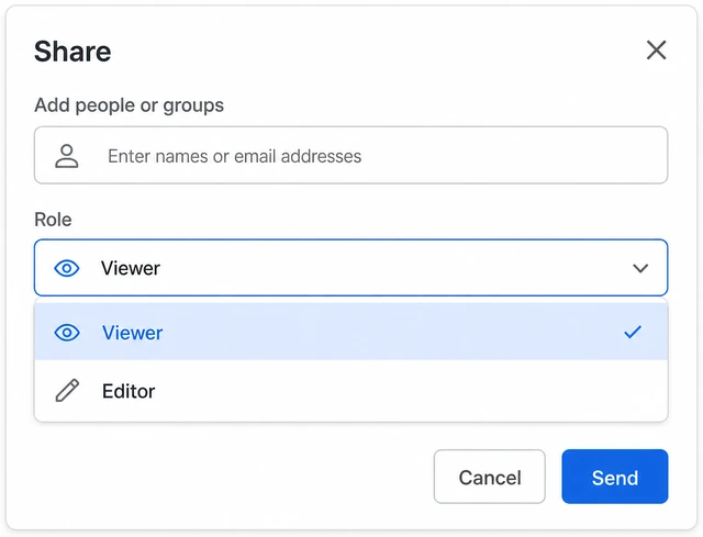 Illustration: Share dialog role dropdown showing Viewer selected instead of Editor