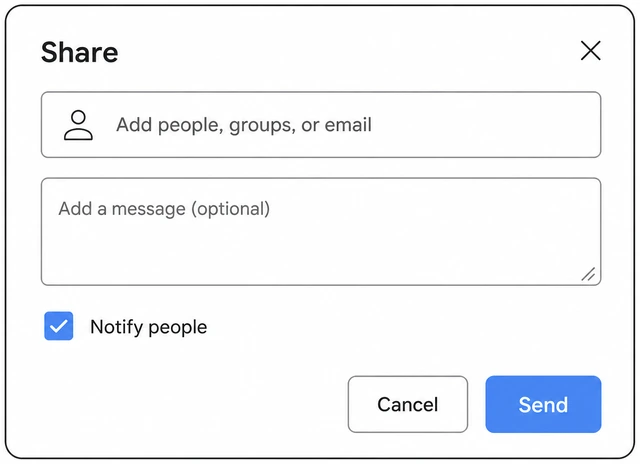Illustration: Share dialog with Notify people checkbox checked and optional message field