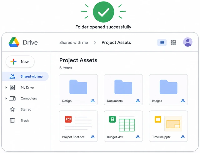 Illustration: recipient opening shared folder on laptop while owner checks access in Incognito window