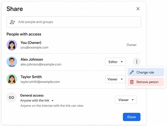 Illustration: Share dialog Manage access section with change role and Remove options visible