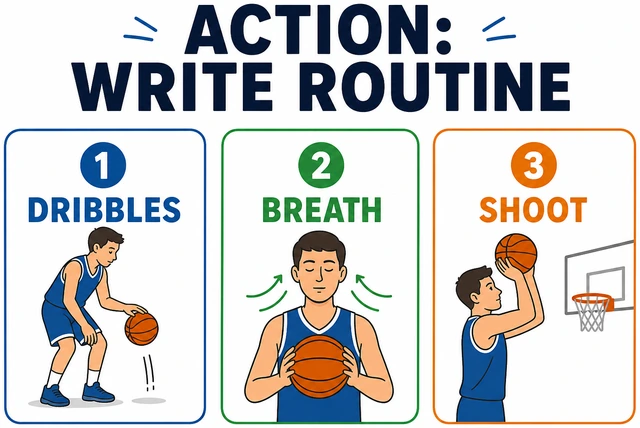 Illustration: three-part free-throw routine checklist dribbles breath shoot