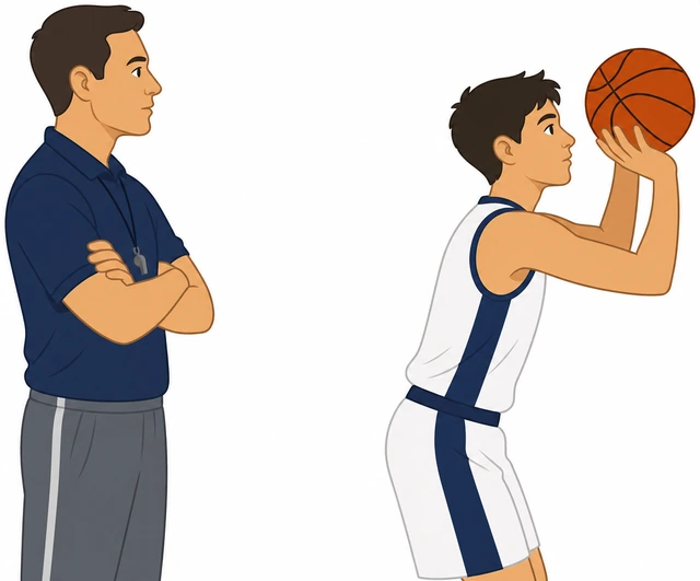 Illustration: coach watching free-throw form from the side