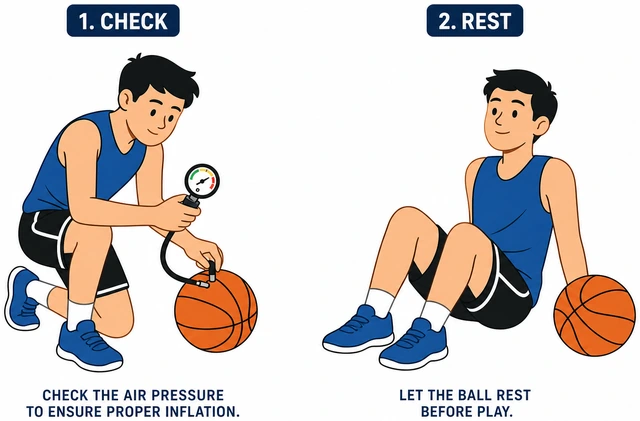 Illustration: checking basketball inflation and resting tired shooter
