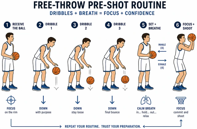 Illustration: free-throw pre-shot routine dribbles and breath