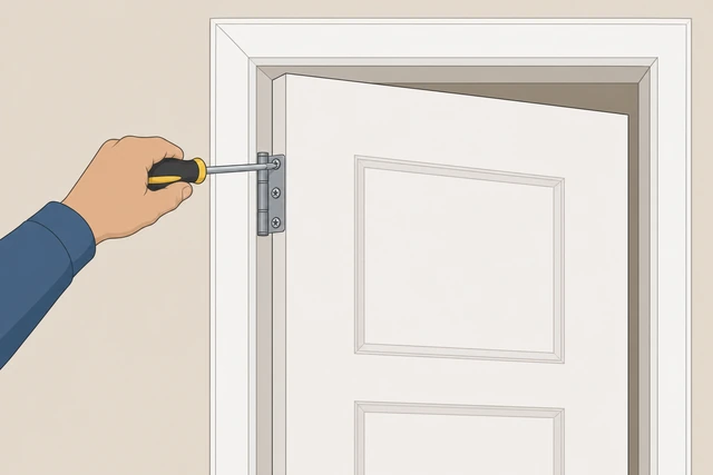 Illustration: tightening top hinge screws with a screwdriver on a sagging interior door