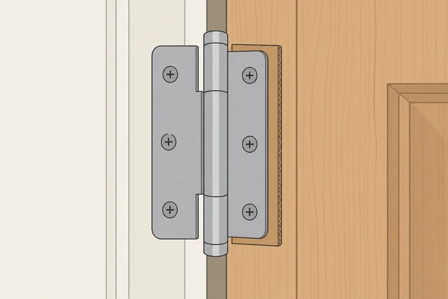 Illustration: packing stripped hinge screw hole with toothpicks and wood glue, driving longer screw