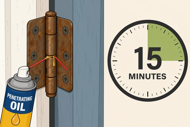 Illustration: applying penetrating oil to rust-frozen hinge barrel gap, waiting 15 minutes