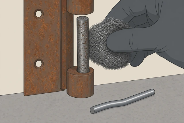 Illustration: wiggling rust-frozen hinge pin side to side, steel wool cleaning pitted pin shank