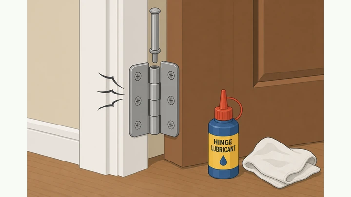Illustration: hands removing a door hinge pin with hammer, nail punch, lubricant, and cardboard shim nearby