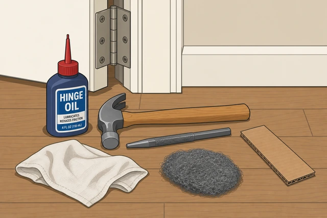 Illustration: door hinge tools laid out — lithium grease, hammer, nail punch, rag, and cardboard shim
