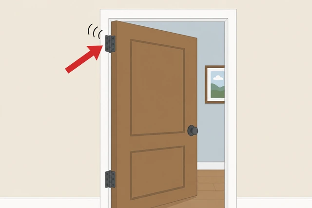 Illustration: person slowly swinging a door and listening to identify which hinge squeaks