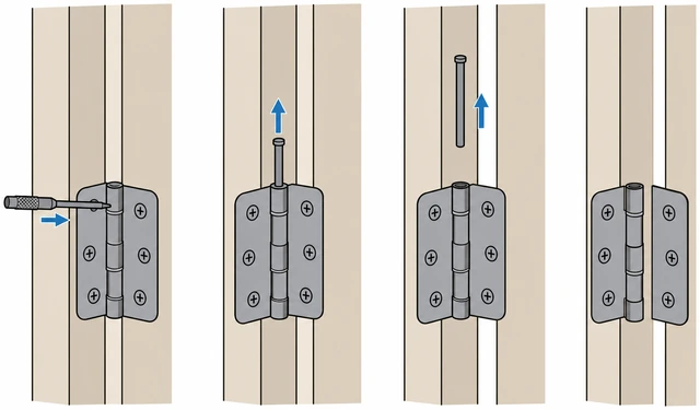 Illustration: servicing a second door hinge with shim still supporting door weight