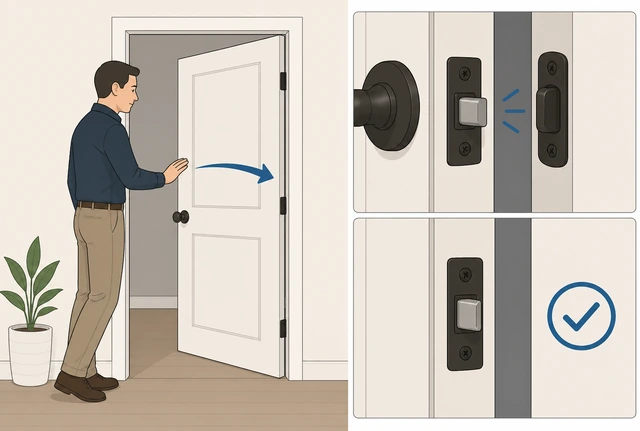 Illustration: door closing quietly into latch with even gap along hinge side