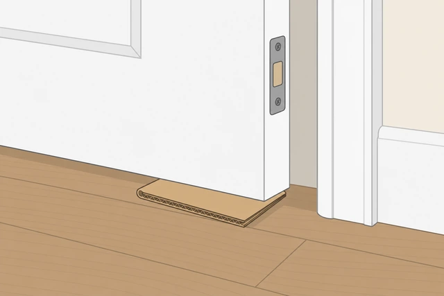 Illustration: folded cardboard shim supporting door weight at the latch-side bottom edge