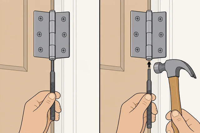 Illustration: nail punch on hinge pin bottom, light hammer tap driving pin upward