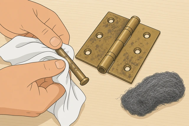 Illustration: wiping hinge pin shank and barrel holes with a rag, steel wool nearby
