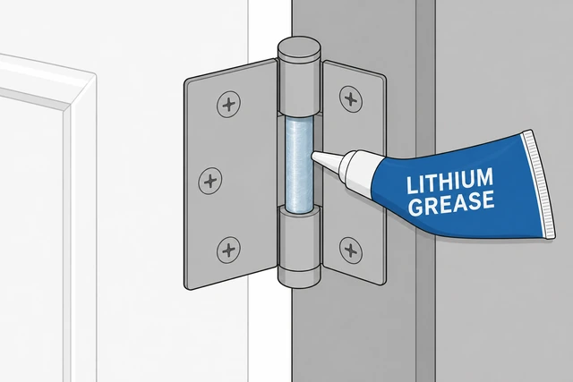 Illustration: applying thin lithium grease to hinge pin shank and inside barrel holes