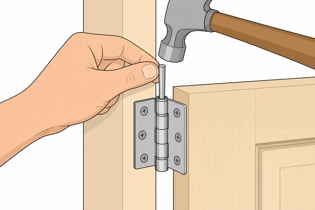 Illustration: tapping hinge pin down until flush with the top hinge leaf
