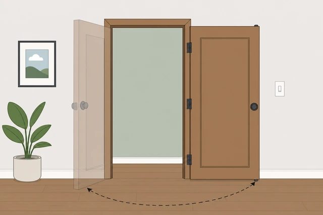 Illustration: door swinging through full open and close arc after hinge lubrication