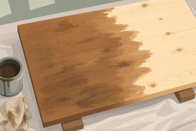Illustration: blotchy pine board after stain stopping more coats