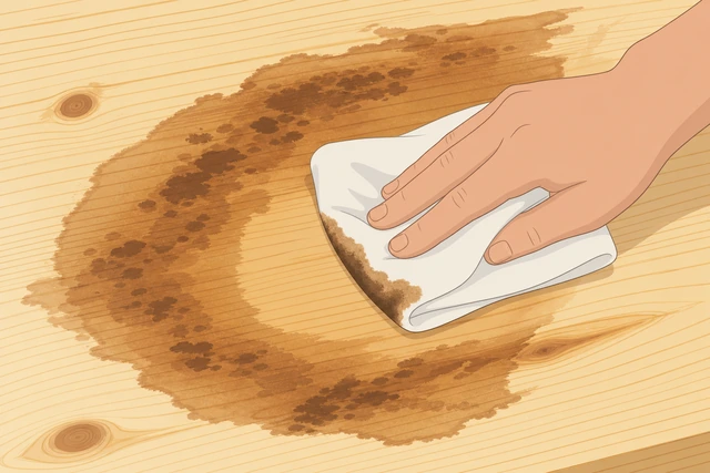 Illustration: wiping hard to lift excess pigment from blotchy wet stain