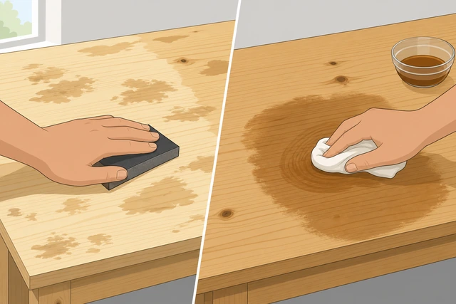 Illustration: sanding back blotchy pine and applying gel stain or conditioner